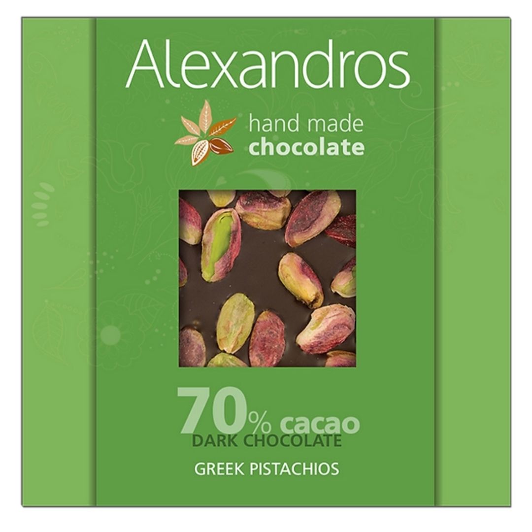 Alexandros Zartbitter Schokolade mit griechischen Pistazien 1 Alexandros Zartbitter Schokolade mit griechischen Pistazien – Bild 1